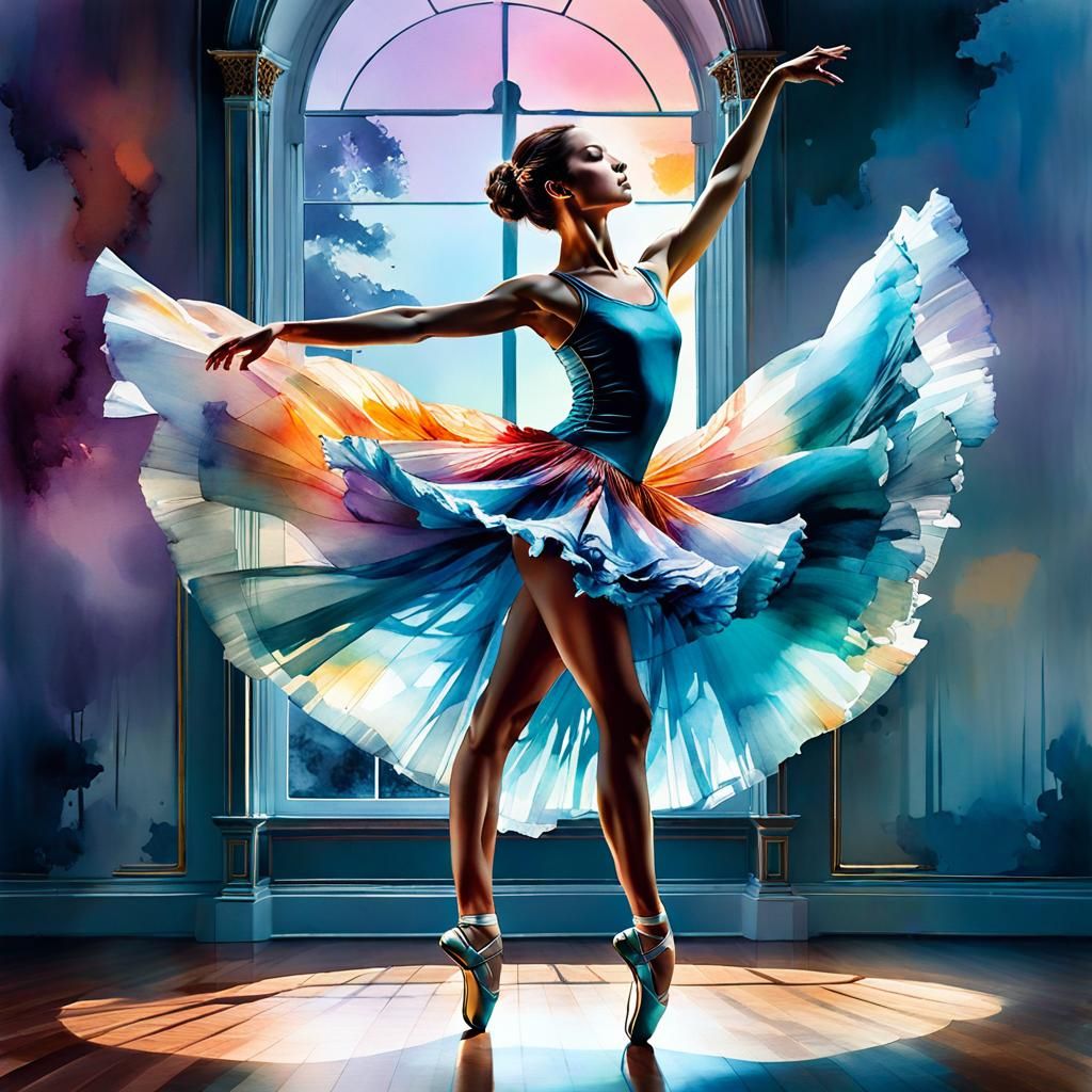 Ballerina Silhouette: Digital Watercolor Summerscape