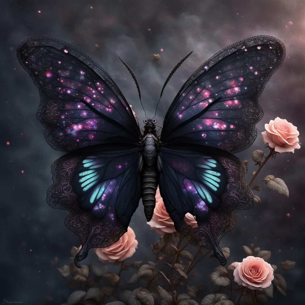 Zombie Butterfly on Vantablack Rose, Detailed Dark Fantasy