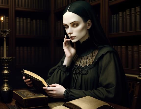 Gothic Woman in Mystical Library Concept Art