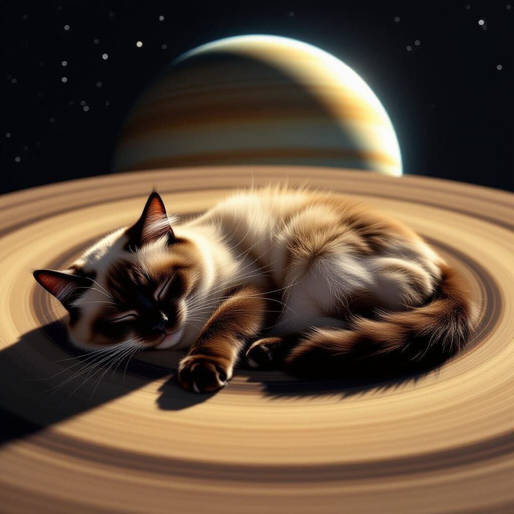 Siamese Cat Napping on Saturn in Sci-Fi Realism
