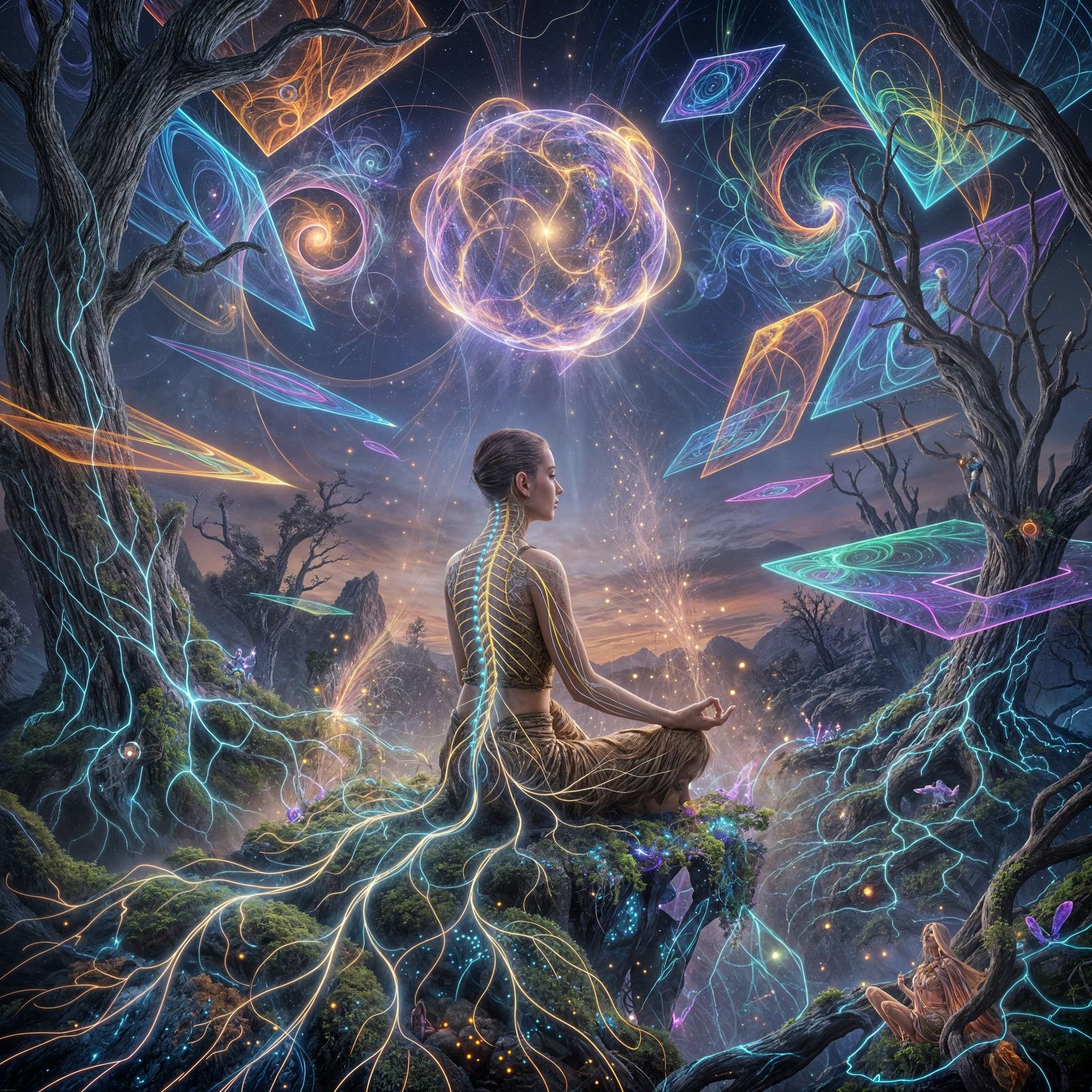 Psychedelic Landscape with Meditator and Plasma Orb