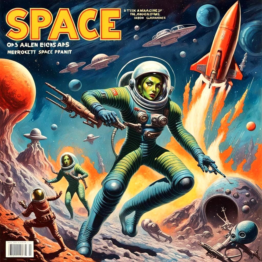 1930s Pulp Magazine Cover: Hero and Heroine vs Aliens