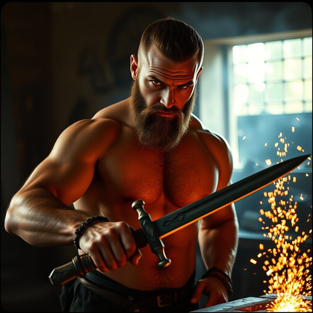 Blacksmith Forging Sword with Dramatic Lighting