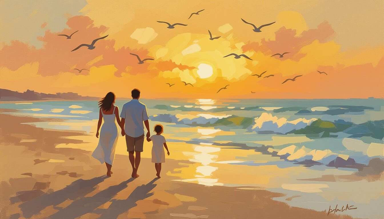 Impressionist Beach Scene with Family at Sunset