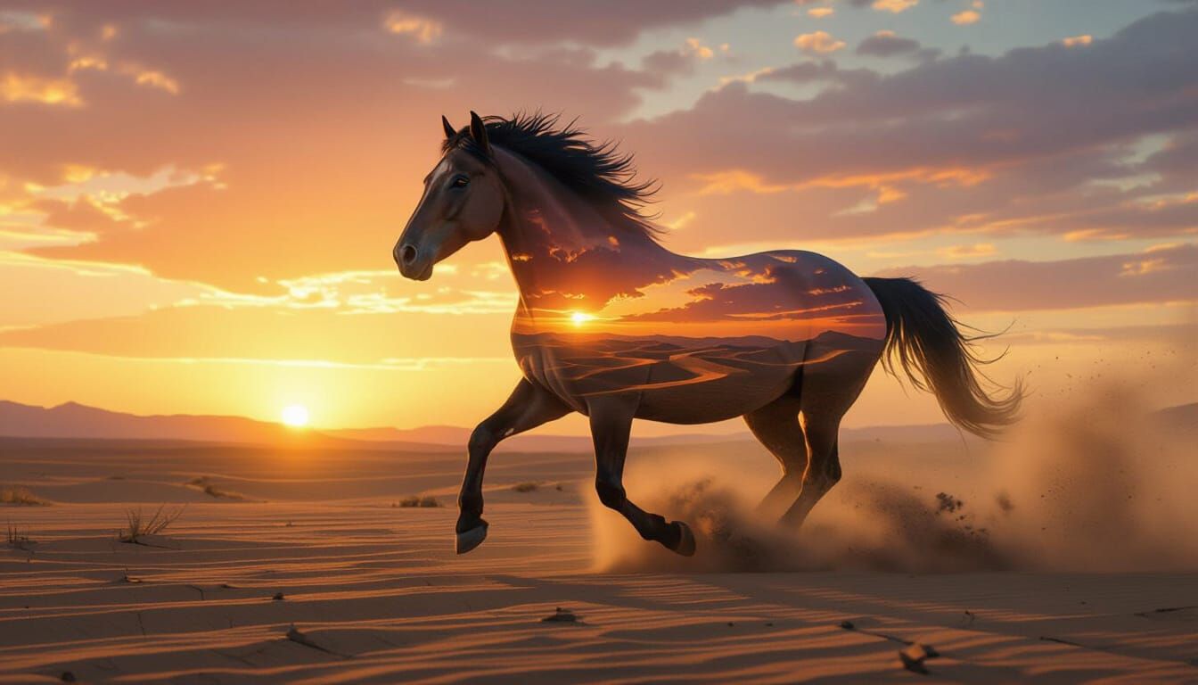Desert Landscape Horse Galloping Forward