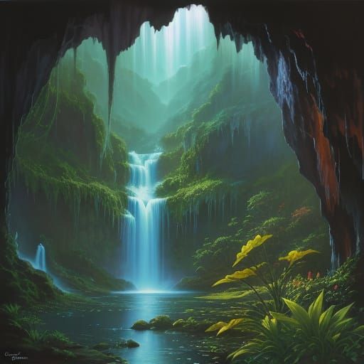 Glowing Waterfall Cave: Oil Painting in Gurney Style