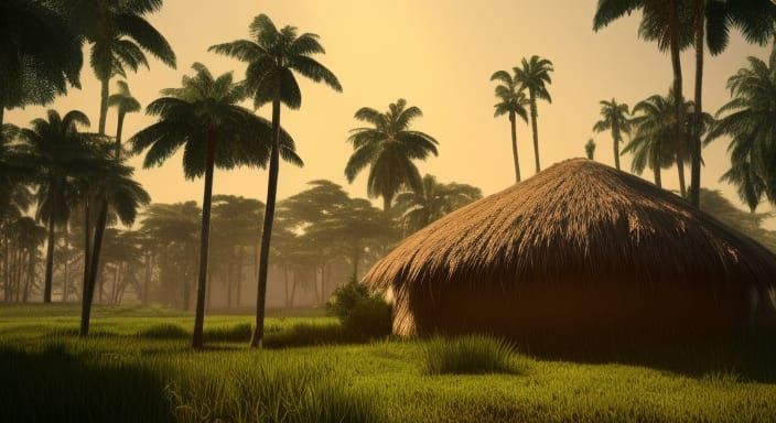 "Old african architecture ancient hut in a savannah near lake, surrounded by palm trees, blue sky, golden hour, dreamy, ...