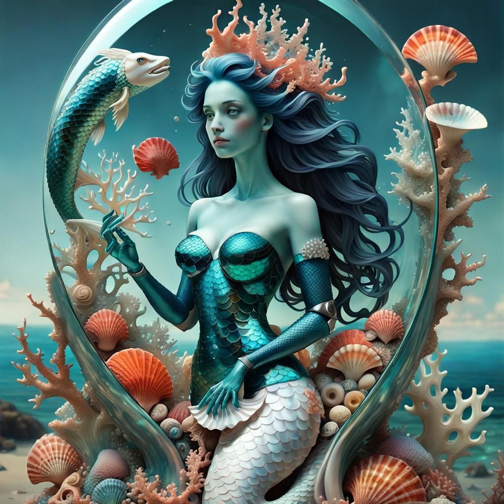 Surreal Glass Mermaid with Dragonscale Inlays