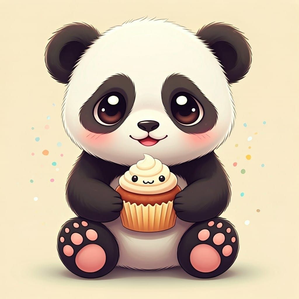 Cute Kawaii Panda Eating Cupcake: 2D Digital Art