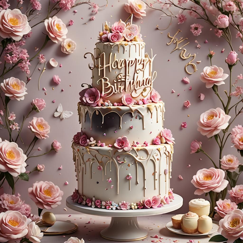 Spectacular Birthday Cake with Pink Flowers, Detailed Matte ...