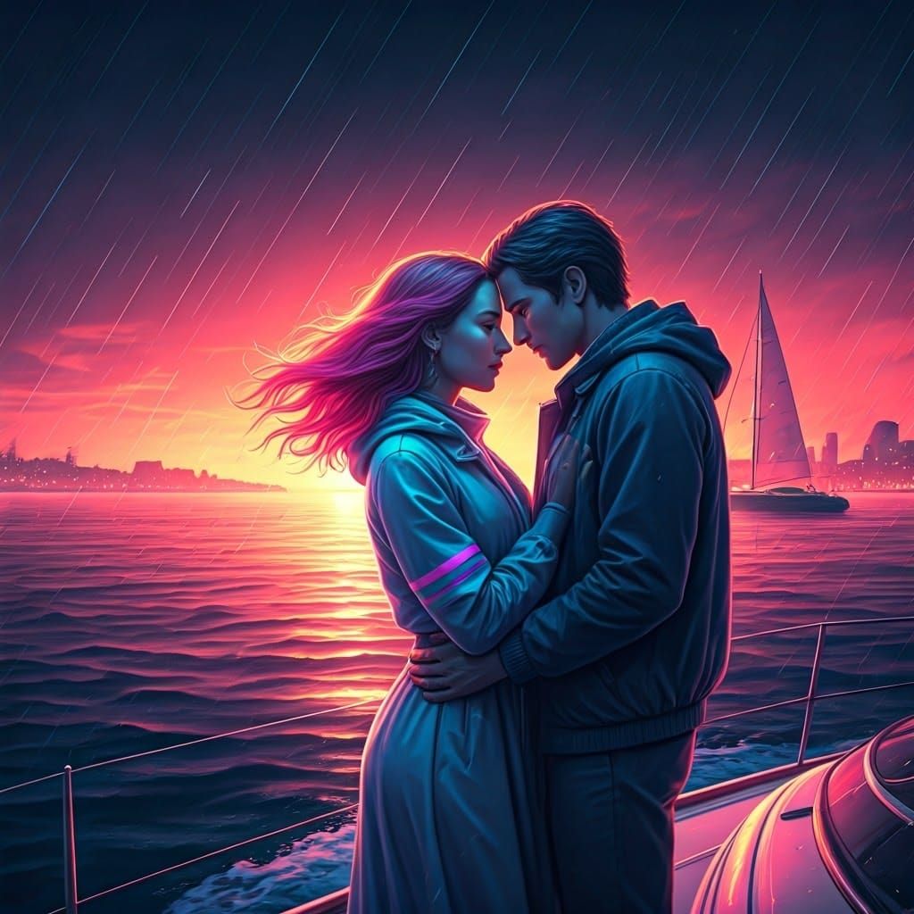 Romantic Sailboat Scene in Retro-Futuristic Style