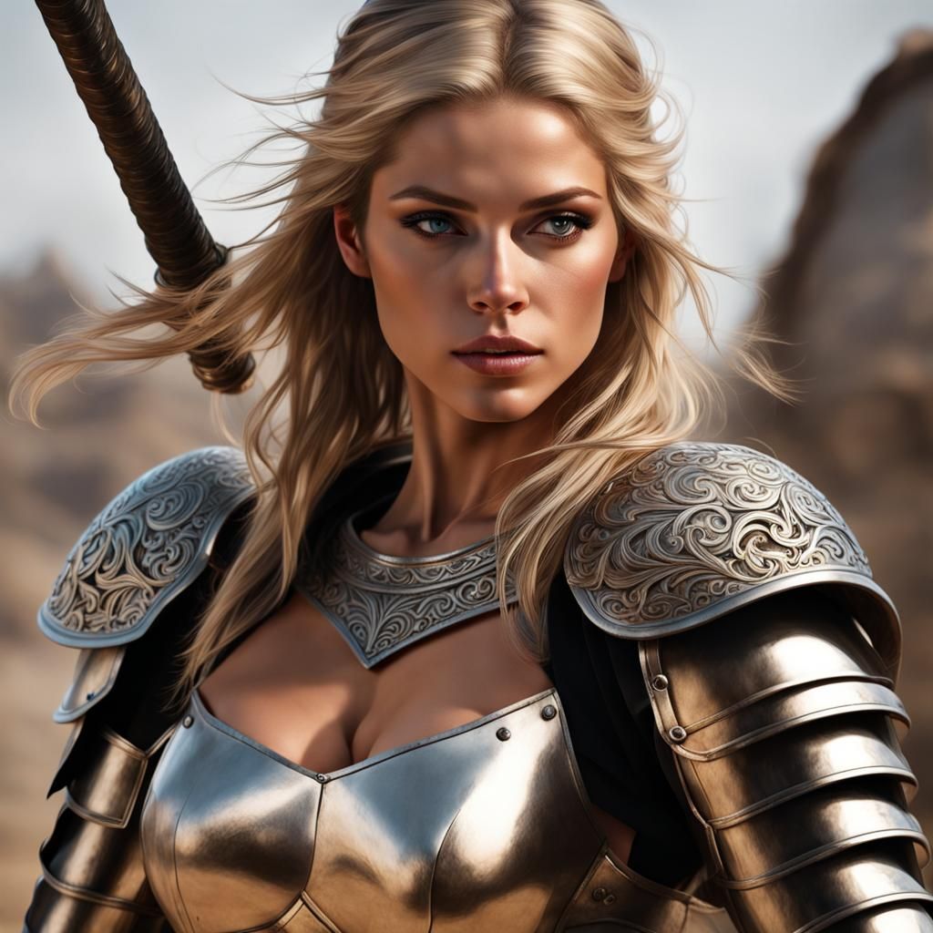 Beautiful Blonde Warrior Woman in Armor with Sword