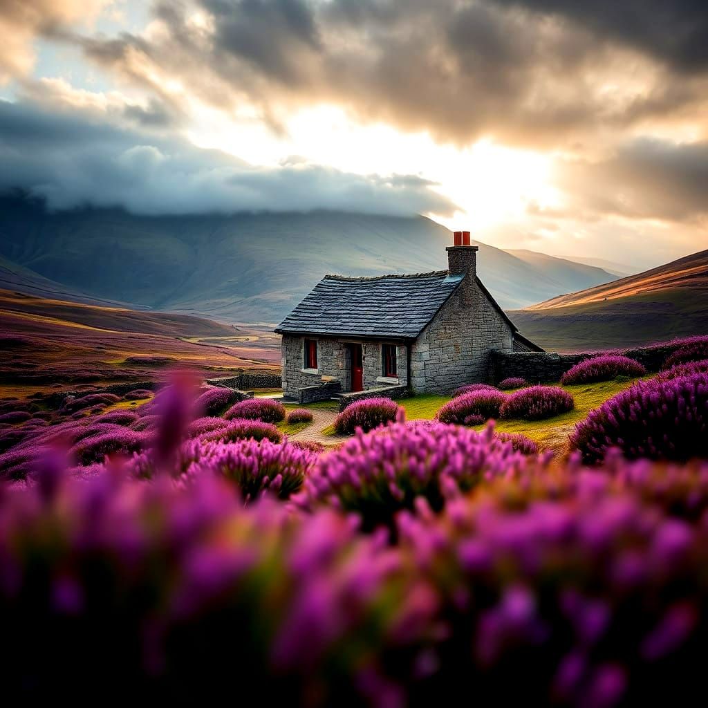 Surreal Scottish Landscape with Heather and Stone Cottage