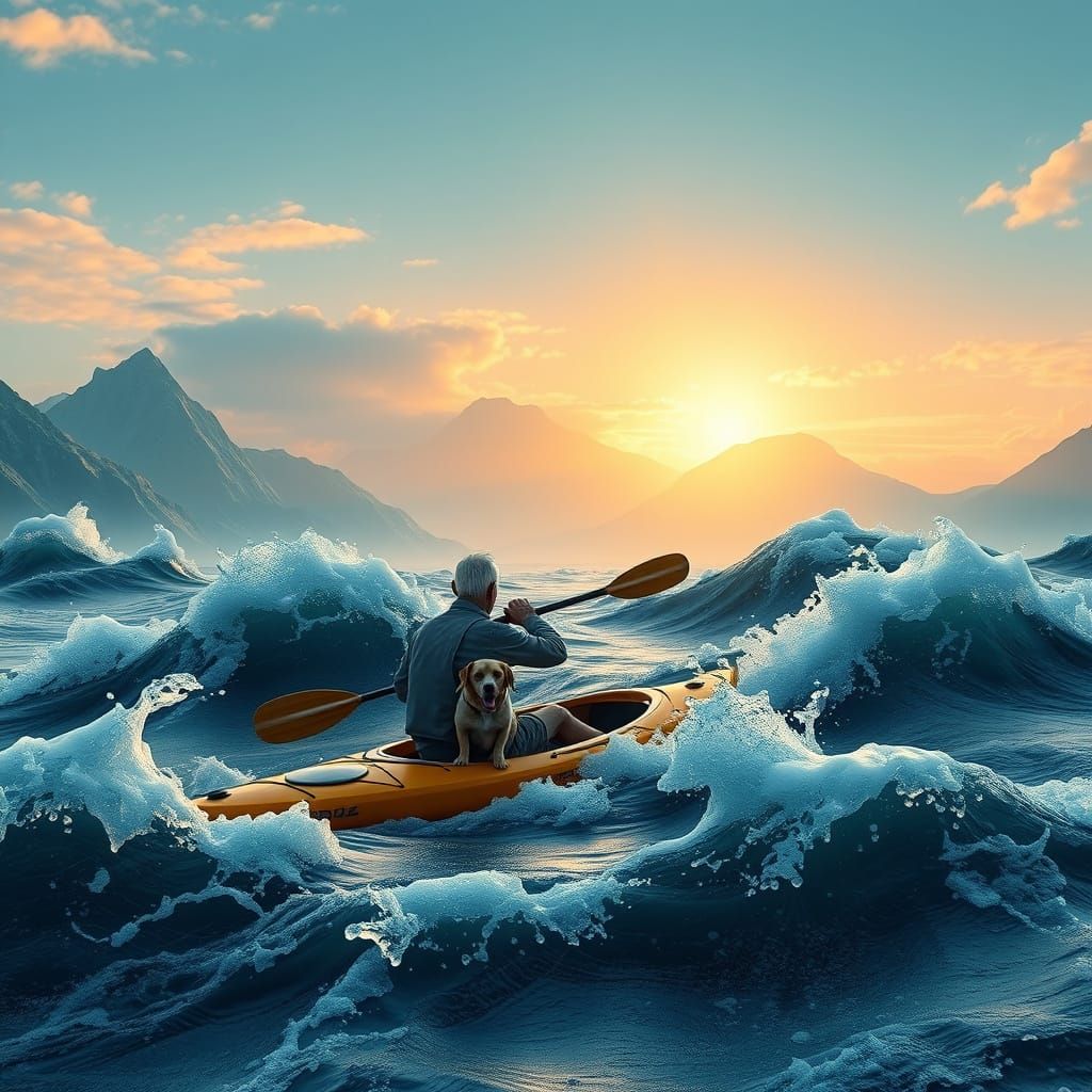 Elderly Man and Dog Paddling in Surreal Landscape