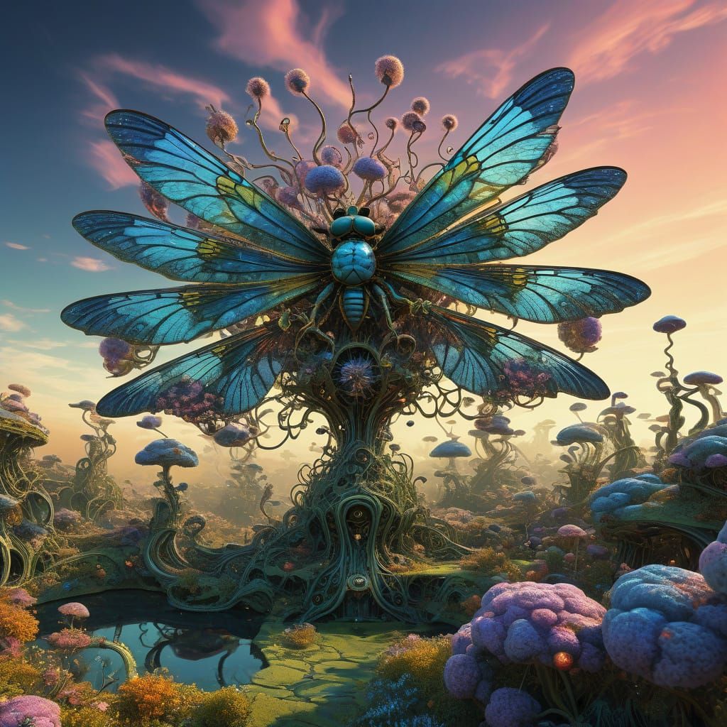 Mystical Dragonfly Winged Beings Amidst Fractal Bloom Forest