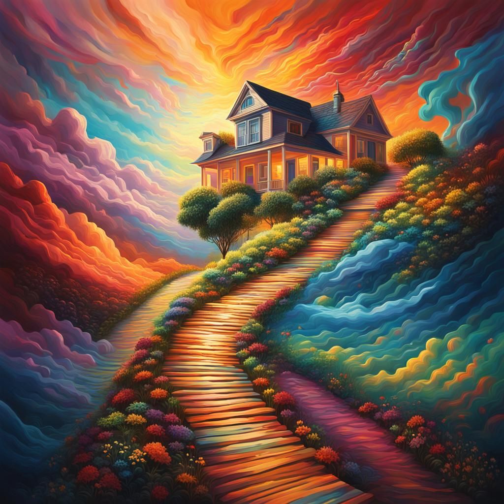 Surreal Path to a Heavenly Home, Hyperrealistic Splash Art