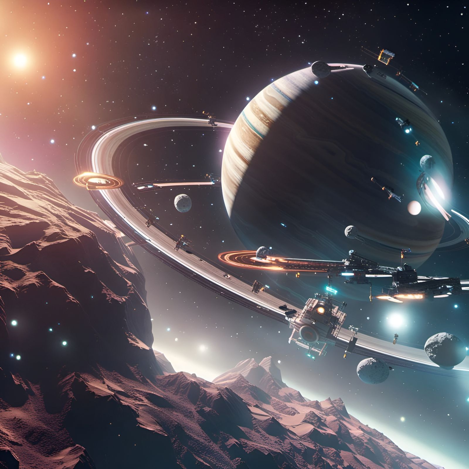 Saturn and Space Station in 3D Render