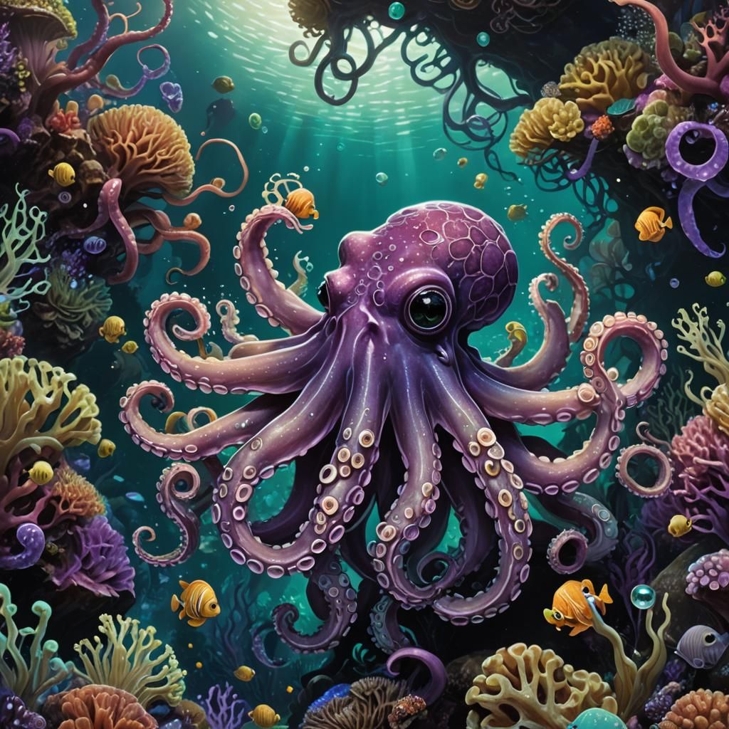 Enchanting Purple Octopus in Bioluminescent Coral Realm