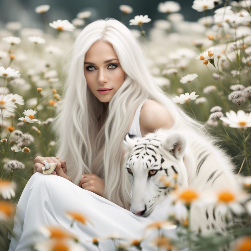 White Tigress and Woman in Flower Meadow