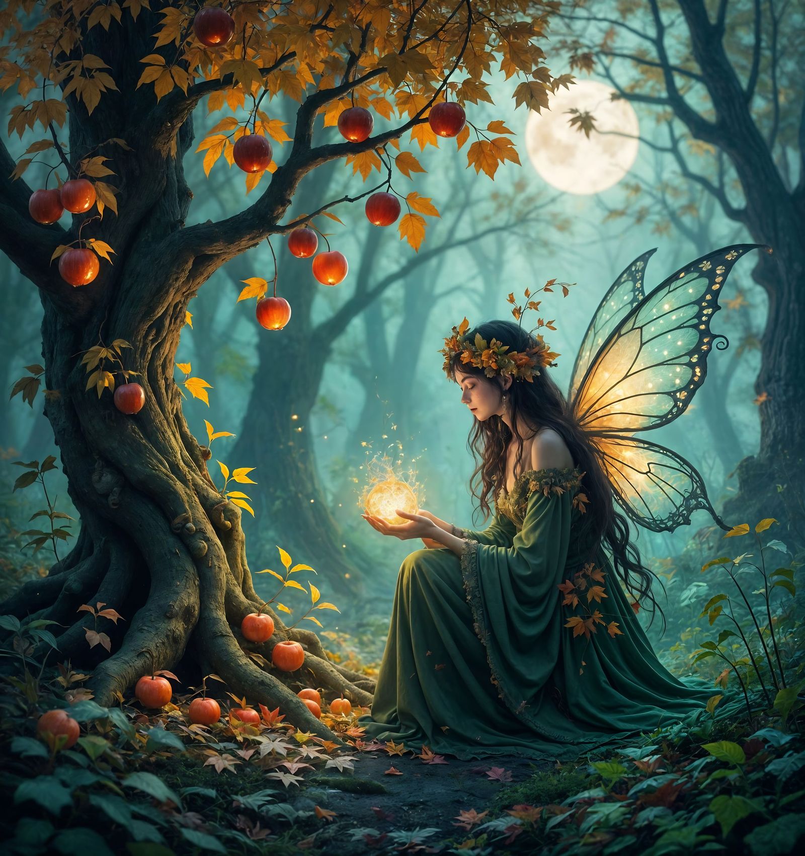 Ethereal Forest Spirit Tends Magical Grove of Glowing Fruits