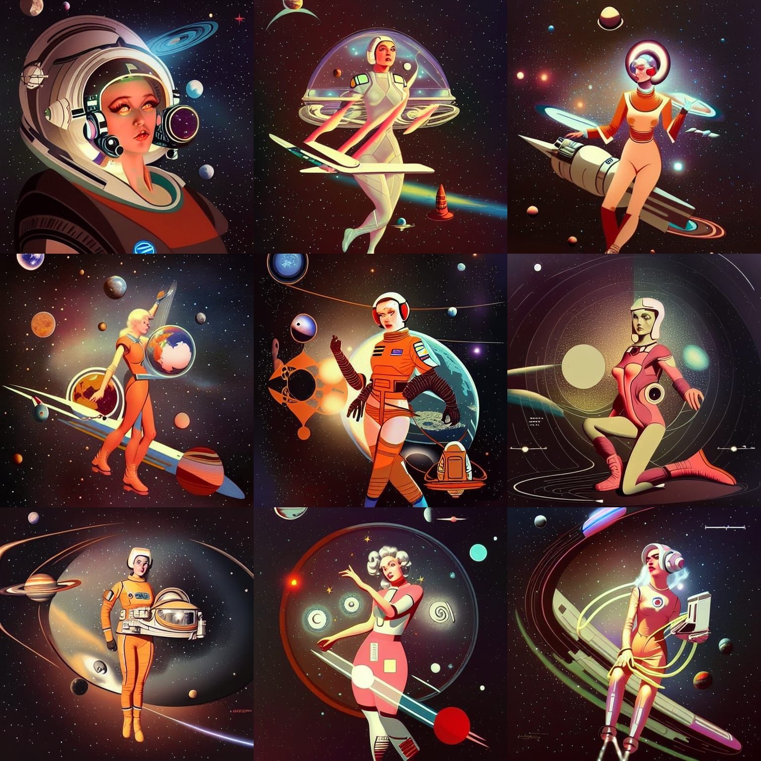 Retro Space Girl Riding Rocket in Spacecore Style