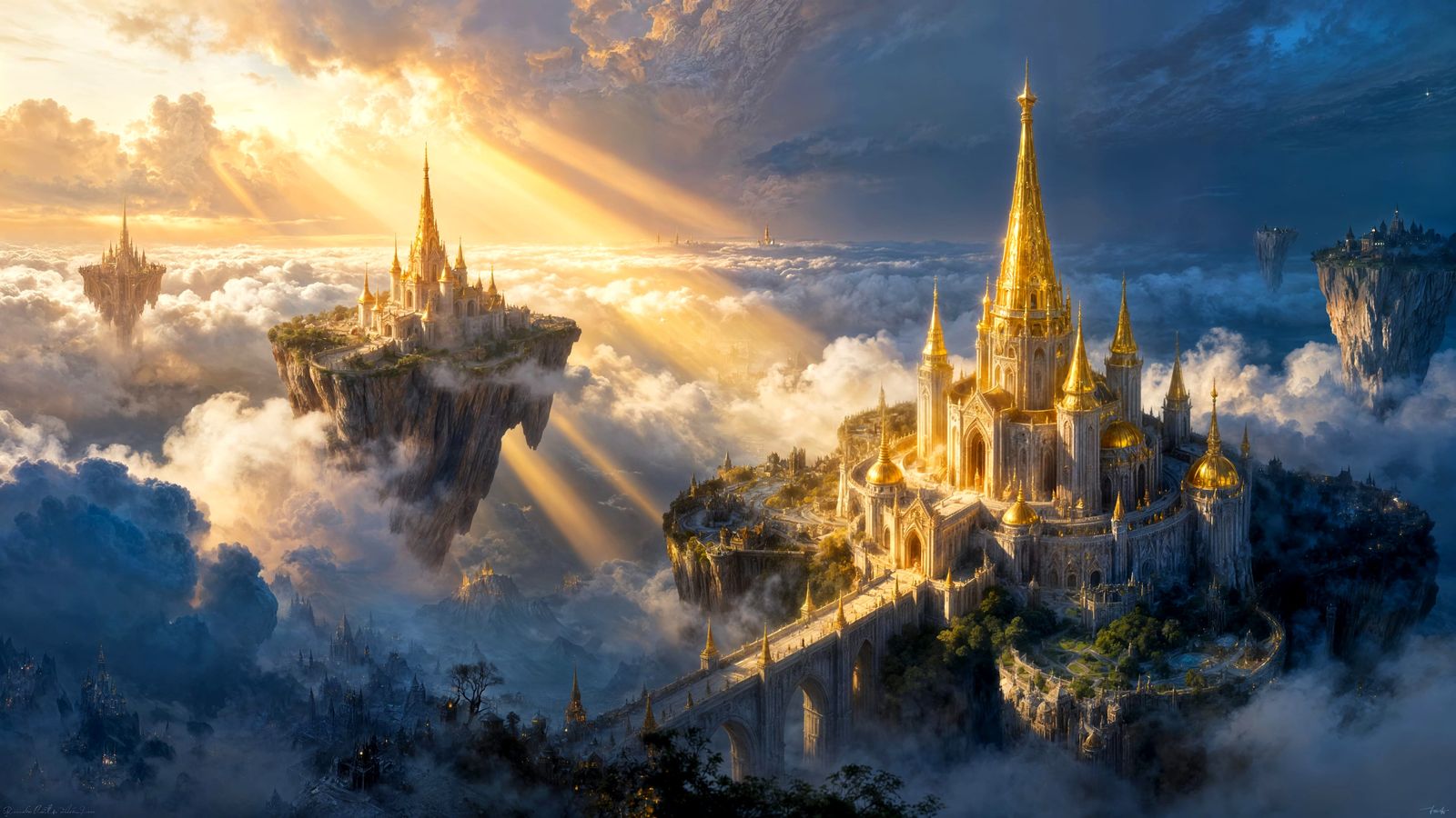 Majestic Citadel on Floating Islands Above Clouds
