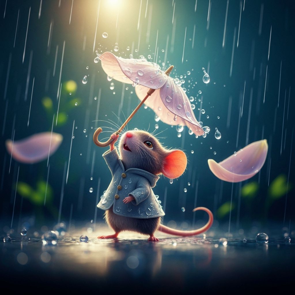 Mouse with Flower Petal Umbrella in Fantasy Art Style