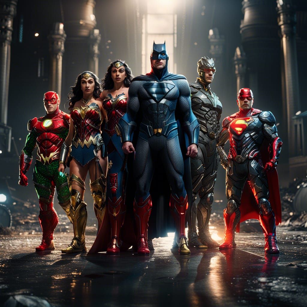 justice league, realistic, hyper reflective