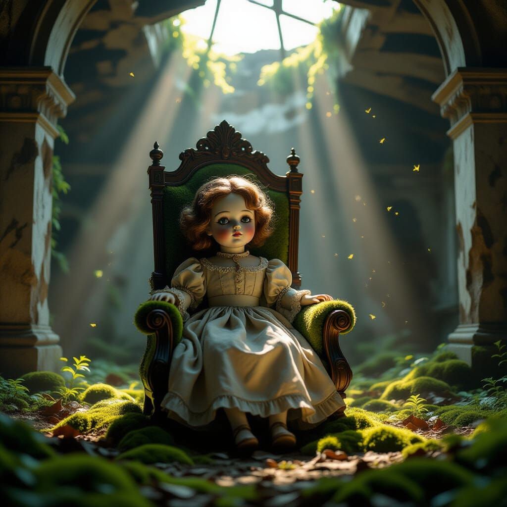 Porcelain Doll on Throne in Ruin, Hyperrealistic Style