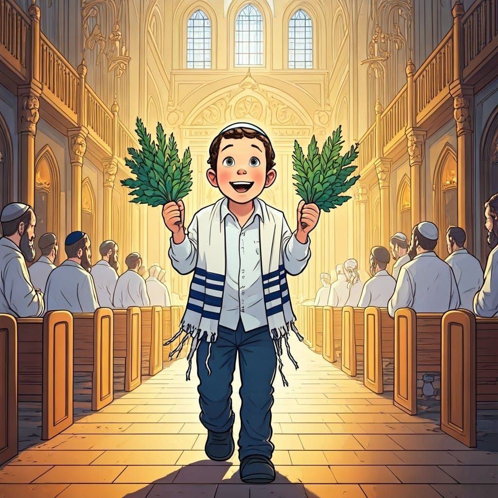 Happy Jewish Boy with Four Species, Colorful Illustration