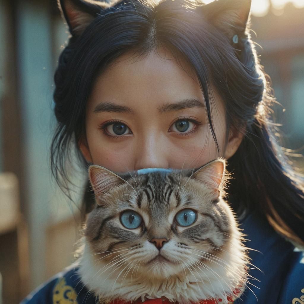 Mystical Cat-Faced Woman in Hanbok, Korean Pop Art