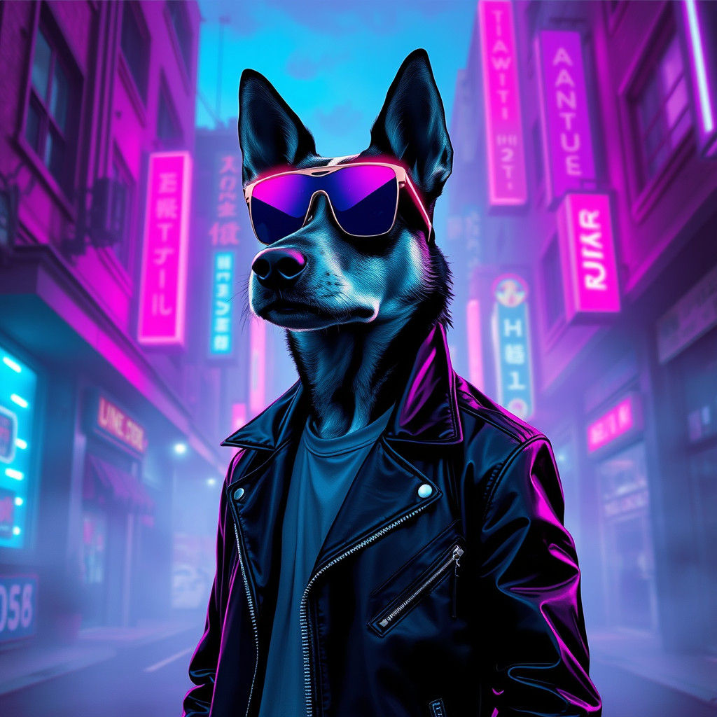 Dog-Headed Man in a Neon Cityscape, Synthwave Style
