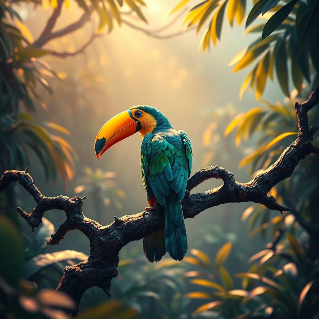 Toucan Perched on a Gnarled Branch in a Tropical Fantasy