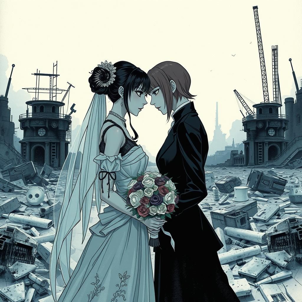 Art style of Kazuma Kaneko, Megami Tensei, surreal, abstract, two lesbian women in love, stark contrast, cool tones, les...