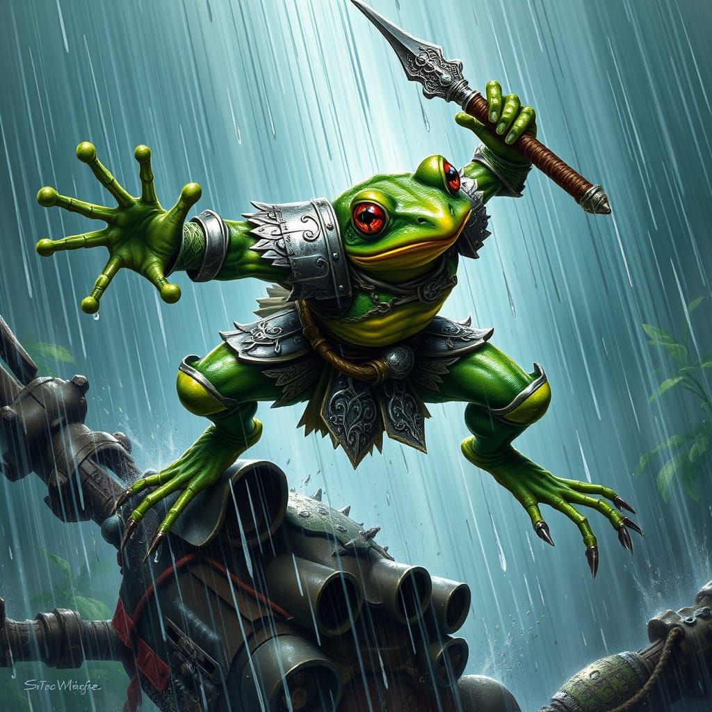 Surreal Frog Warrior Battles in Dark Fantasy Storm