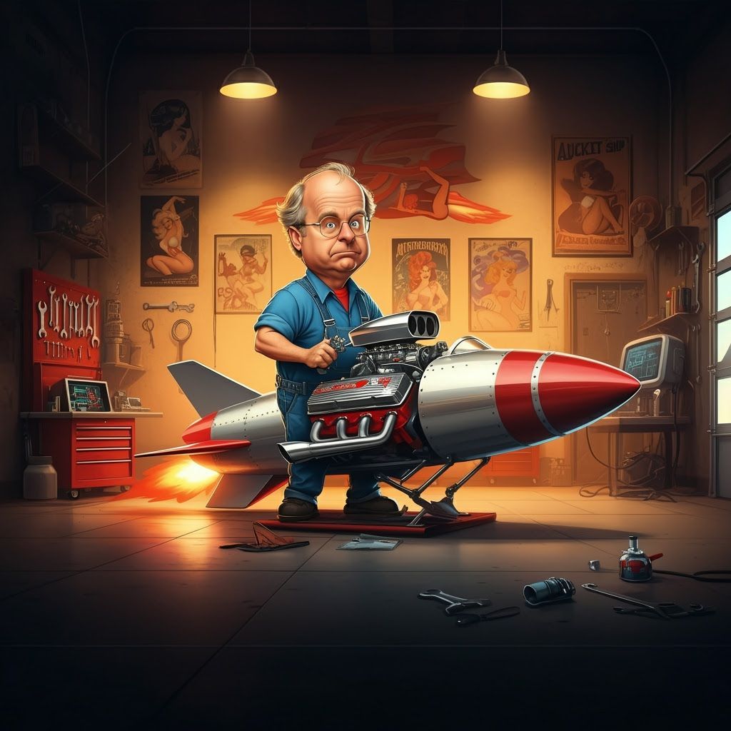 Rocket Mechanic in Garage: Hot Rod Art Illustration