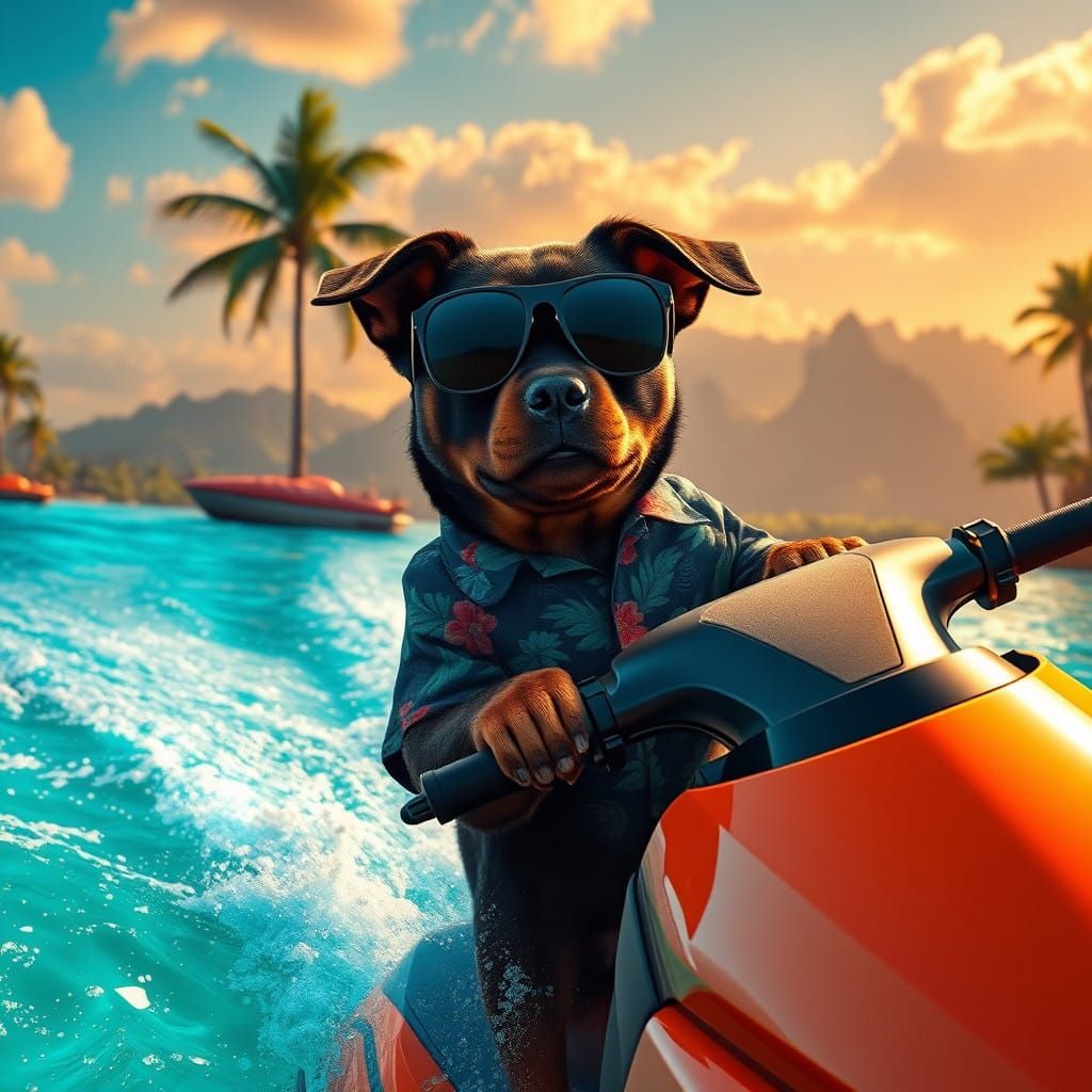 Fantastical Rottweiler Surfs Hawaiian Paradise in Cyberpunk-...