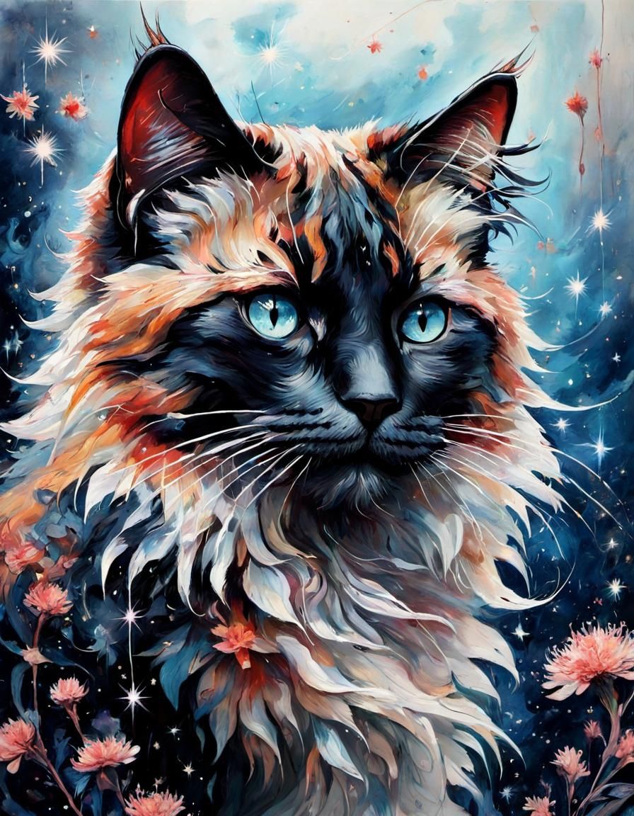 Fluffy Cat in Starry Flower Garden, Manga Style