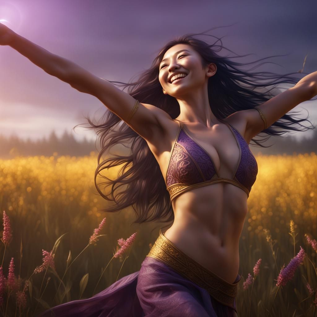 Joyful Asian Woman Dancing in Field, Dark Fantasy Art