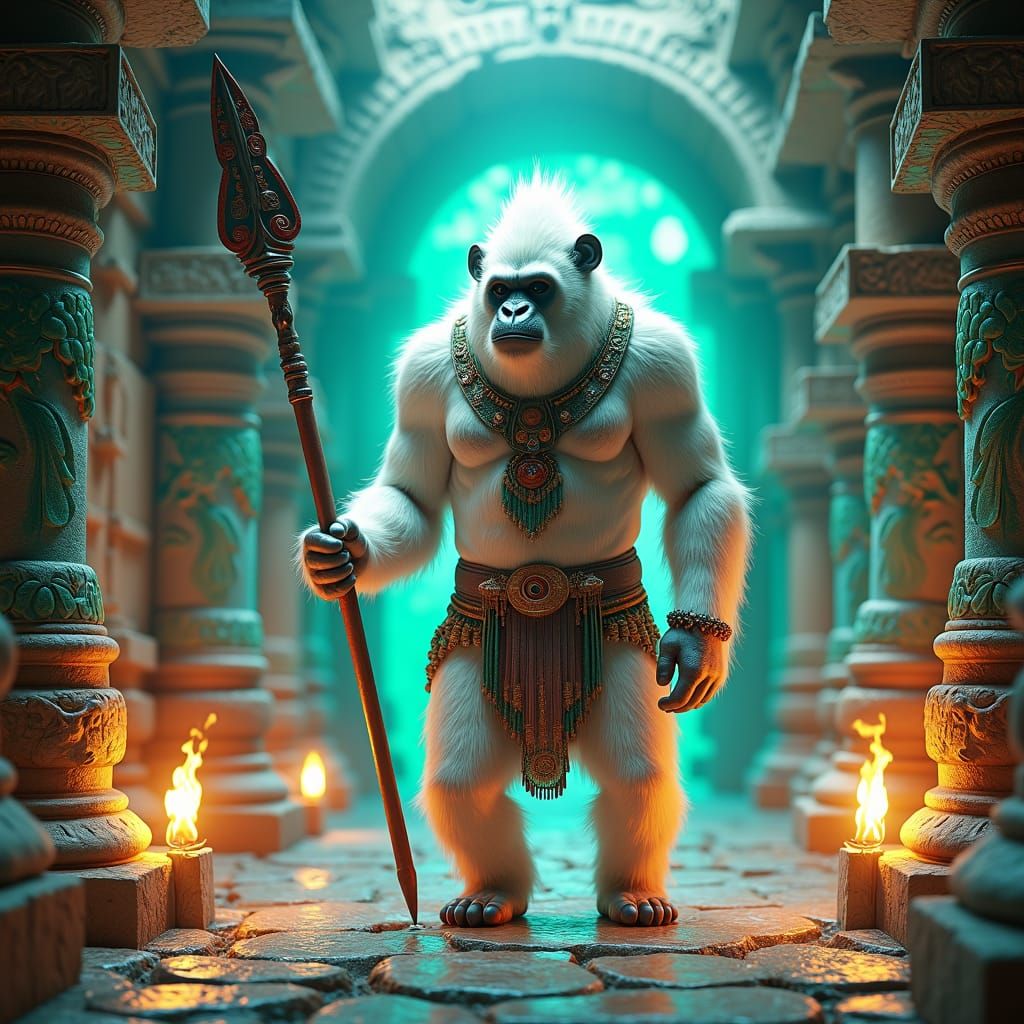 Mesoamerican Ape Warrior in Mystical Temple Corridor