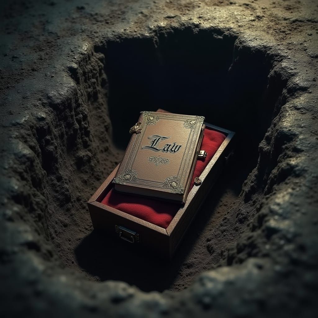 Eerie Open Grave with Empty Ornate Coffin and Leather-Bound ...