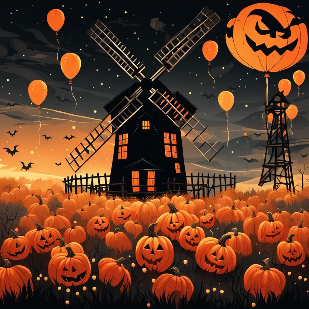 Halloween Windmill with Fireworks in Chiaroscuro Style