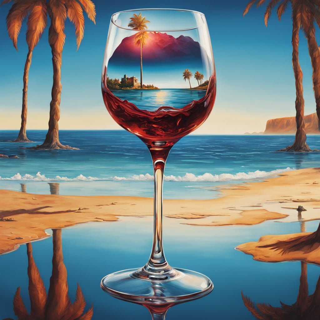 Surreal Wine Glass Scene with Tropical Beach Inside
