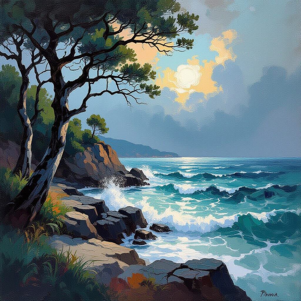 Turbulent Shoreline: Gouache and Watercolor Impressionist Pa...