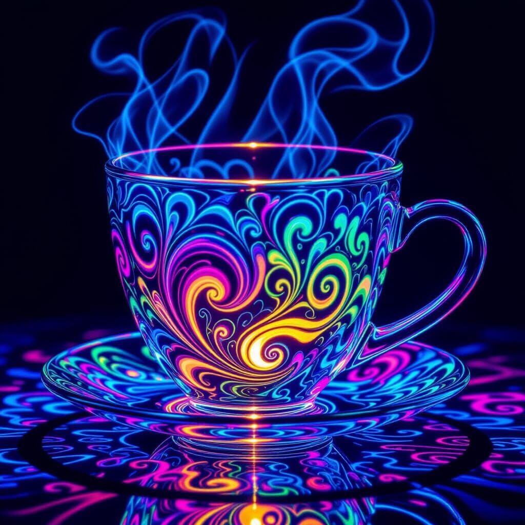 Psychedelic Glass Teacup Glowing Under Blacklight