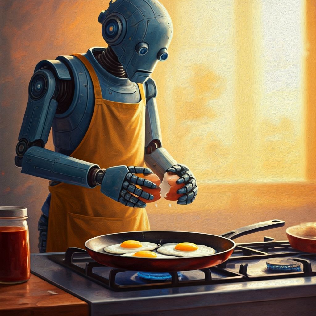 Robot Chef Cooking Eggs at Sunrise, Impressionistic Style