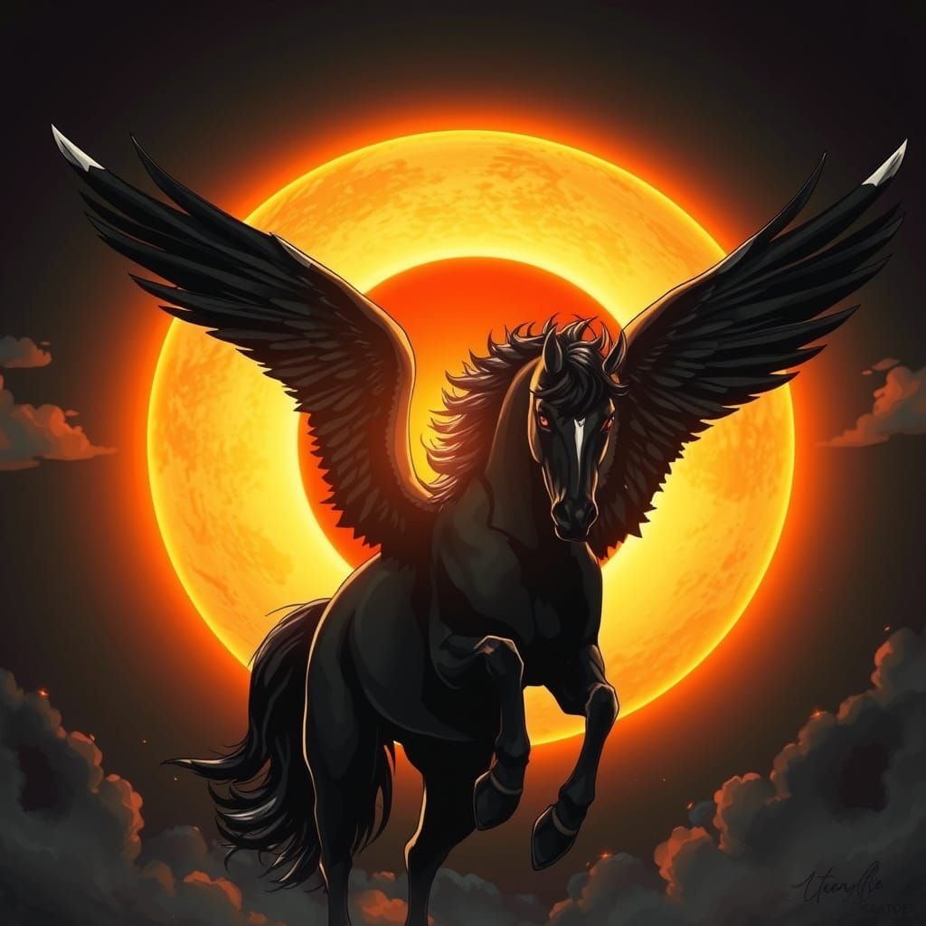 Emo Pegasus spreads its wings in front of a solar eclipse