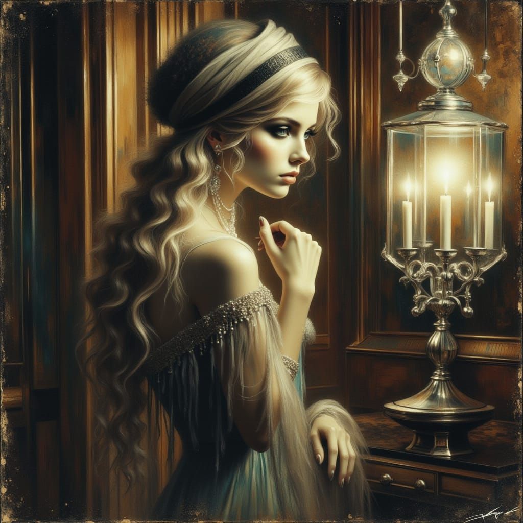 Ethereal Ghost Girl in Opulent Art Deco Ballroom