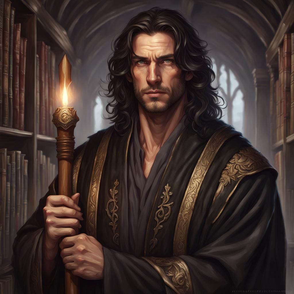 Handsome Mage in Library: Detailed Digital Portrait