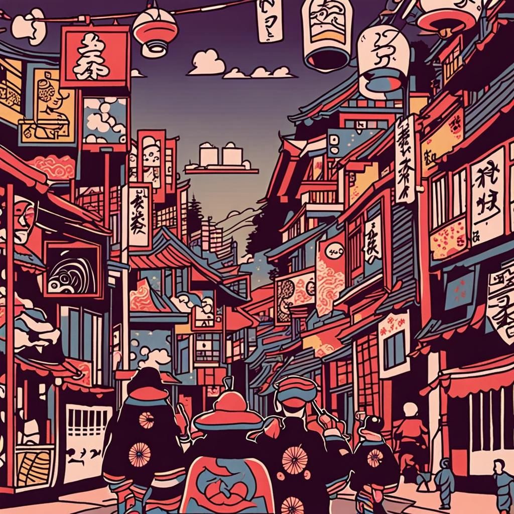 Japanese Street Scene in Ukiyo-e Pop Art Fusion